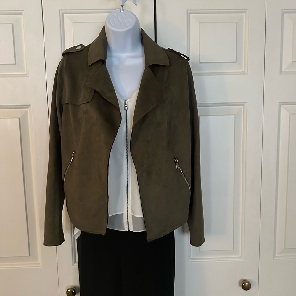 Tahari Cropped Faux Suede Jacket in Brown